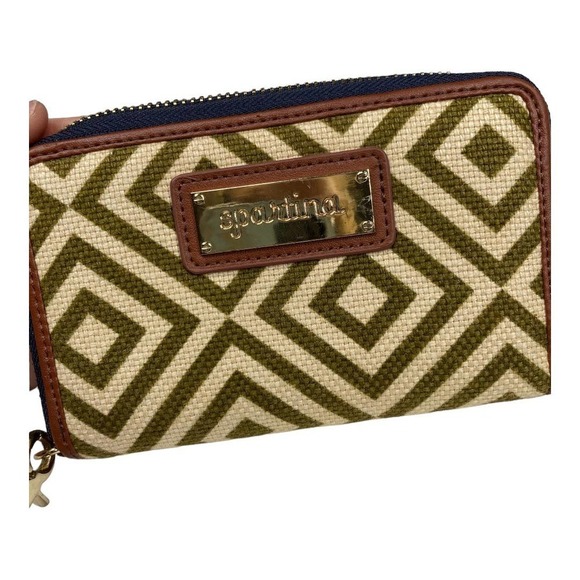 Spartina 449 Geometric Green/ Cream Leather and Linen Crossbody Bag with Wallet - Picture 2 of 9